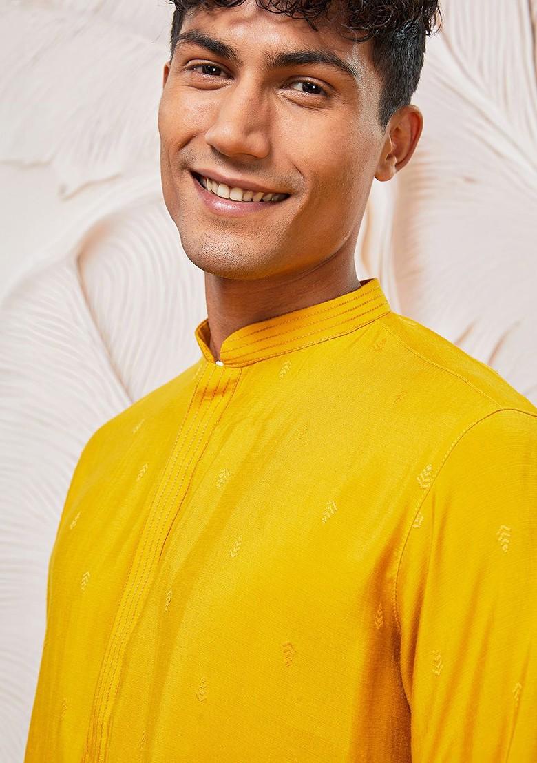 Mustard Embroidered Poly Blend Kurta For Men