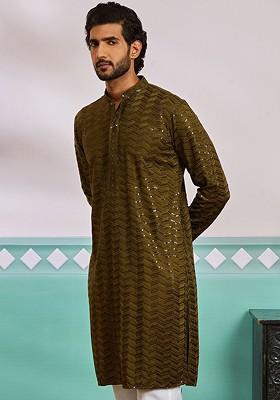 Olive Embroidered Poly Blend Kurta For Men