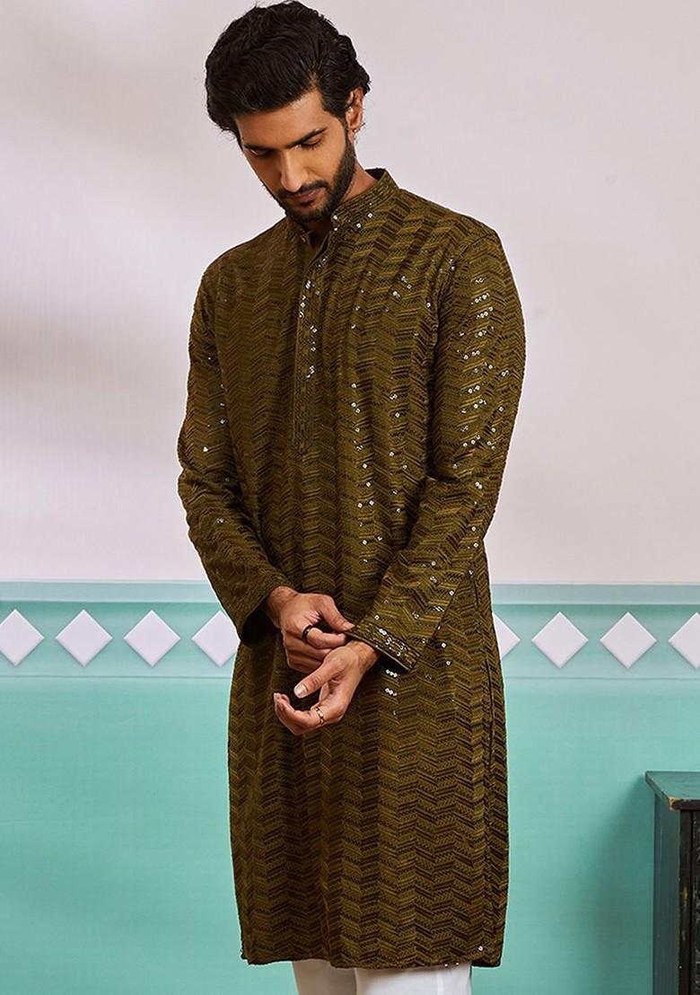 Olive Embroidered Poly Blend Kurta For Men