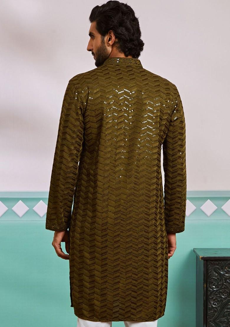 Olive Embroidered Poly Blend Kurta For Men