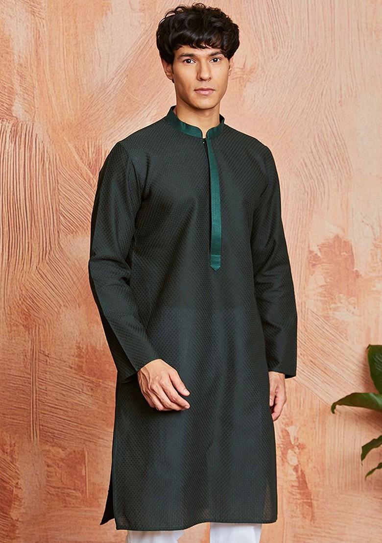 Black Geometric Print Jacquard Kurta For Men