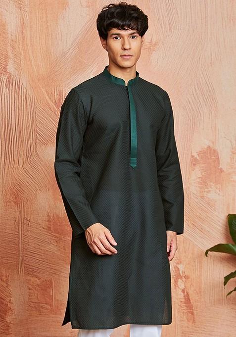 Black Geometric Print Jacquard Kurta For Men — view on Indya