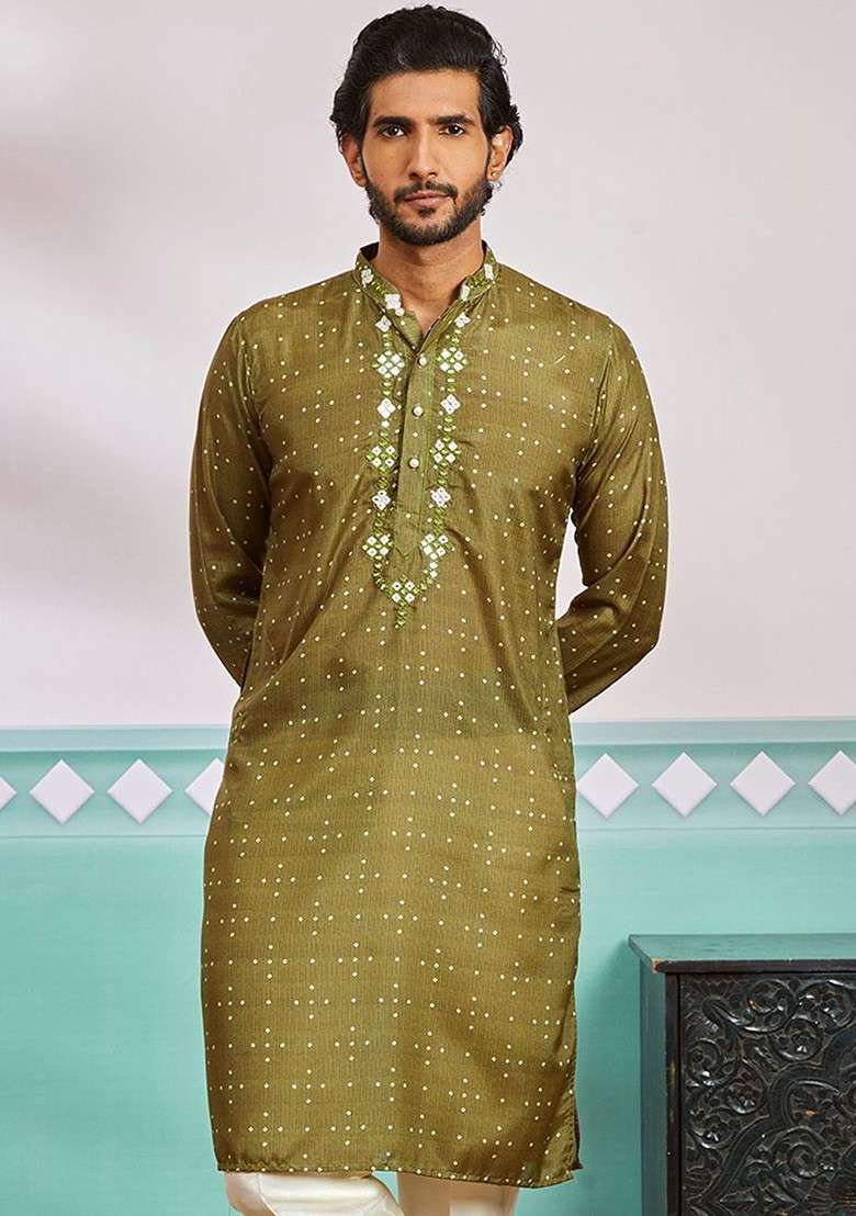 Green Bandhani Print Silk Kurta For Men - Indya