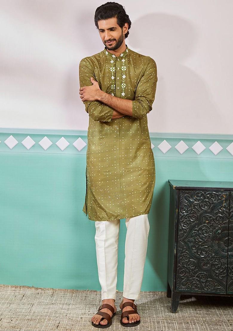 Green Bandhani Print Silk Kurta For Men