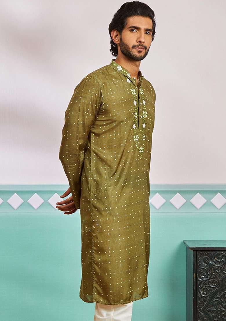 Green Bandhani Print Silk Kurta For Men - Indya