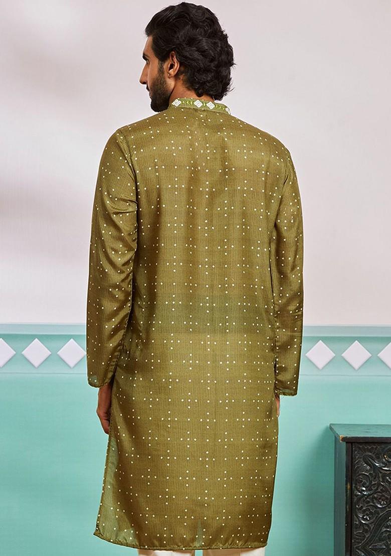 Green Bandhani Print Silk Kurta For Men