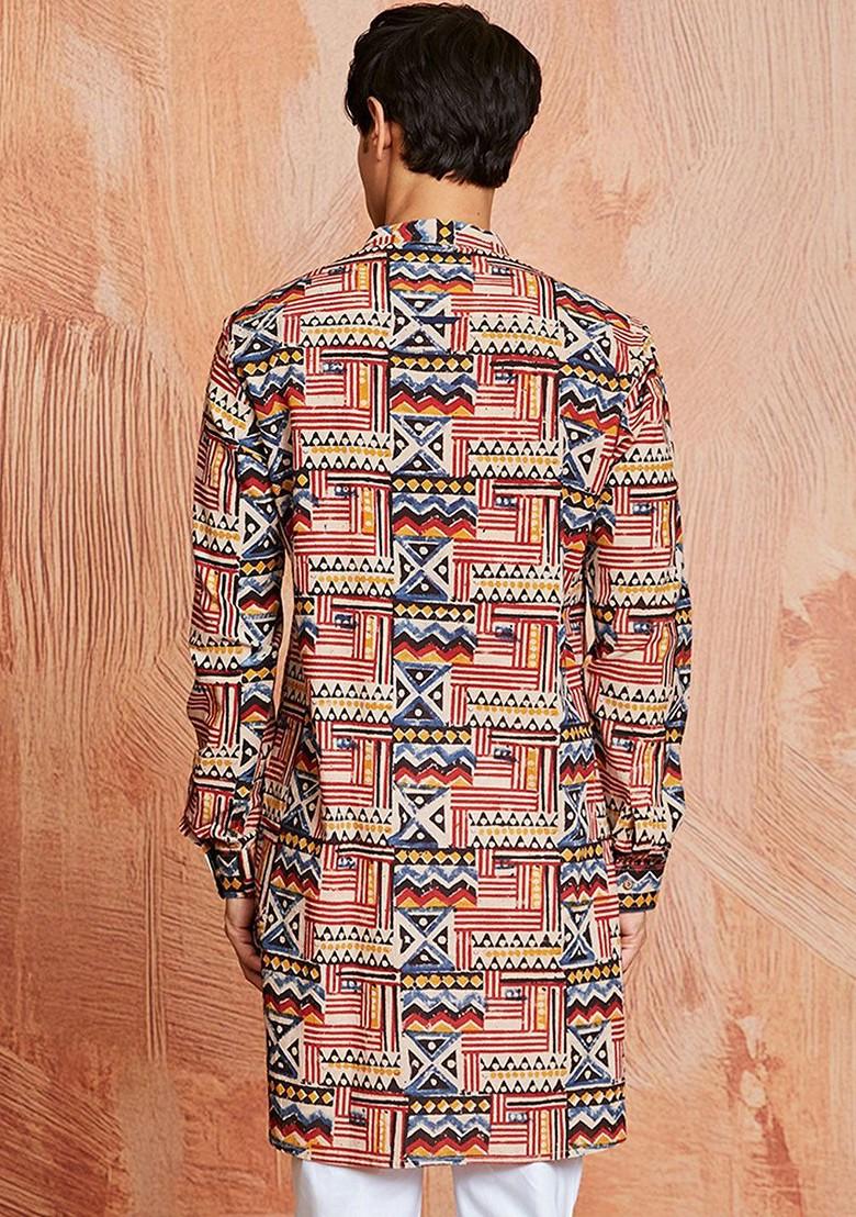 Cream Ajrakh Cotton Kurta For Men