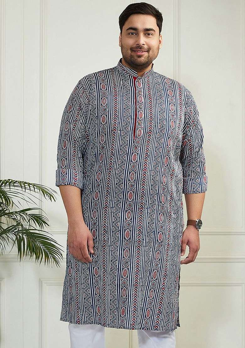 Blue Printed Poly Blend Kurta For Men - Indya
