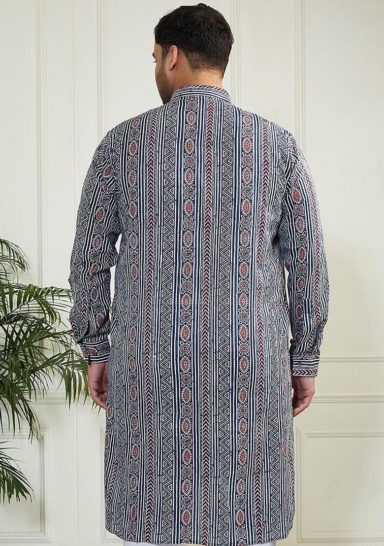 Blue Printed Poly Blend Kurta For Men