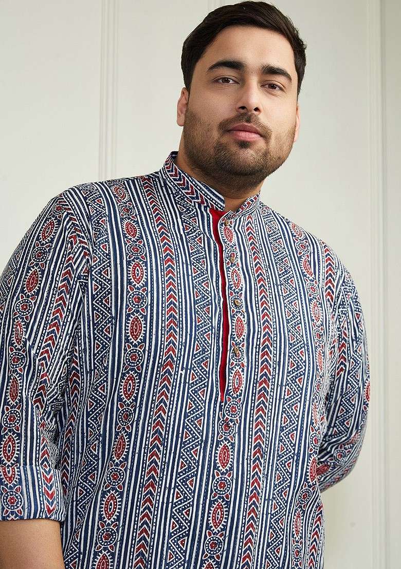 Blue Printed Poly Blend Kurta For Men - Indya