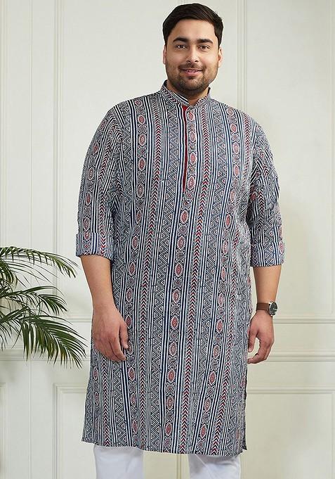 Blue Printed Poly Blend Kurta For Men — view on Indya