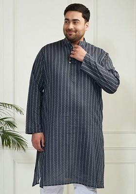 Grey Printed Jacquard Kurta For Men