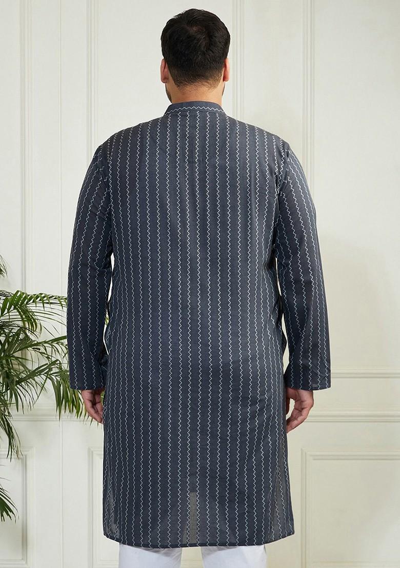 Grey Printed Jacquard Kurta For Men