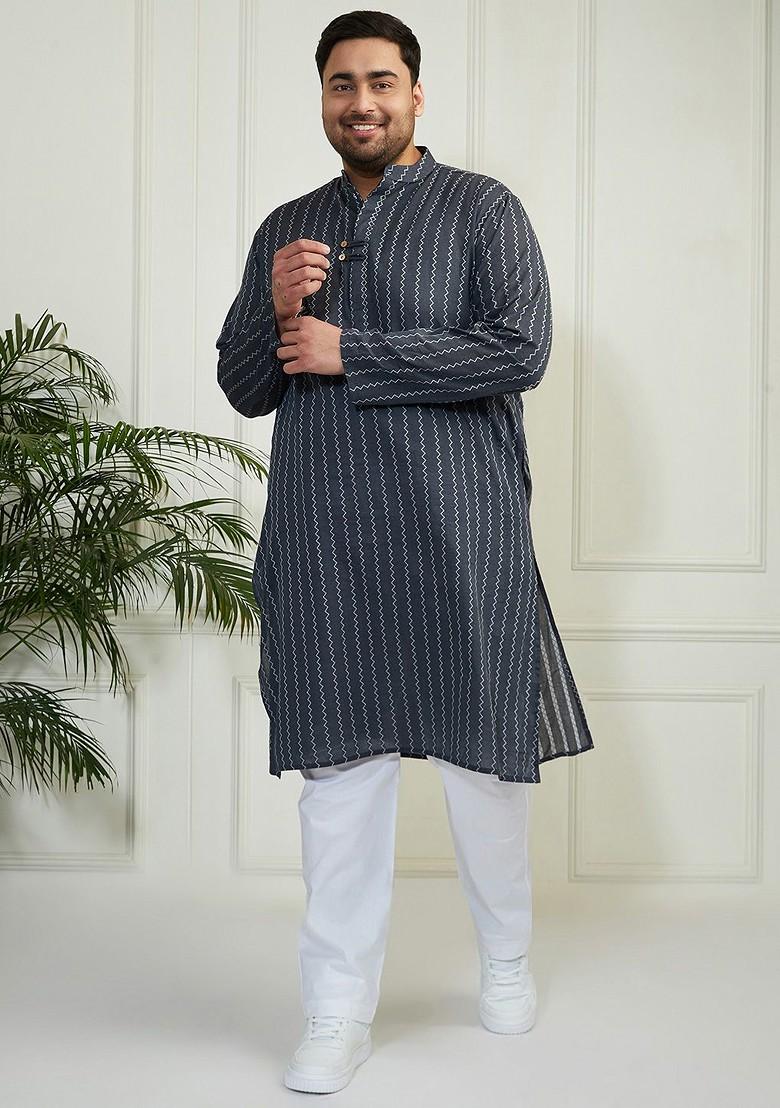 Grey Printed Jacquard Kurta For Men