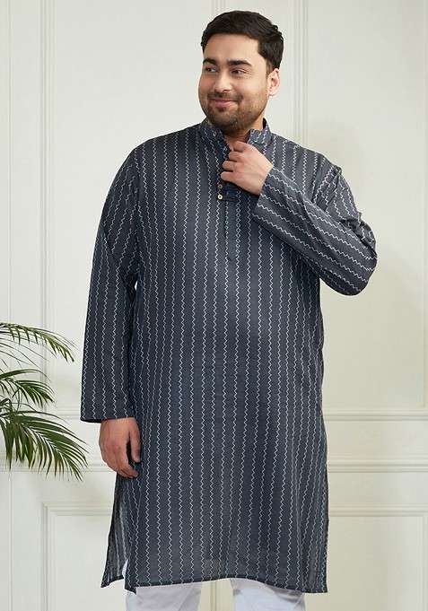 Grey Printed Jacquard Kurta For Men
