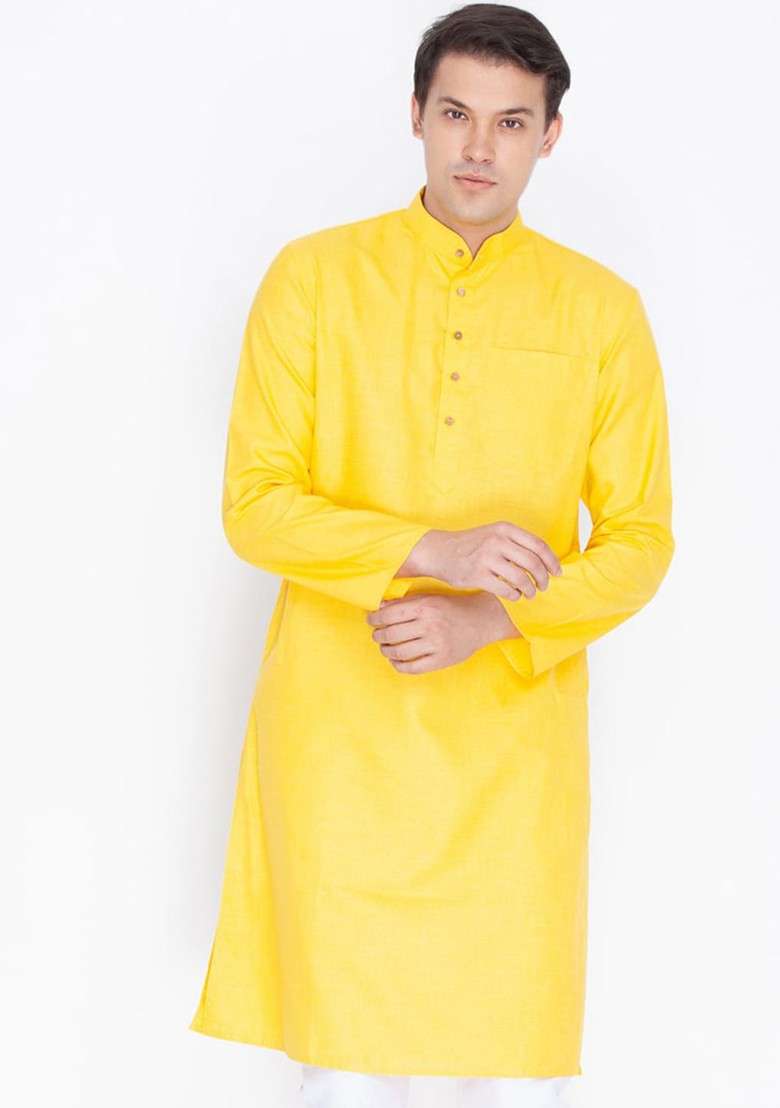 Yellow Solid Poly Blend Kurta For Men - Indya