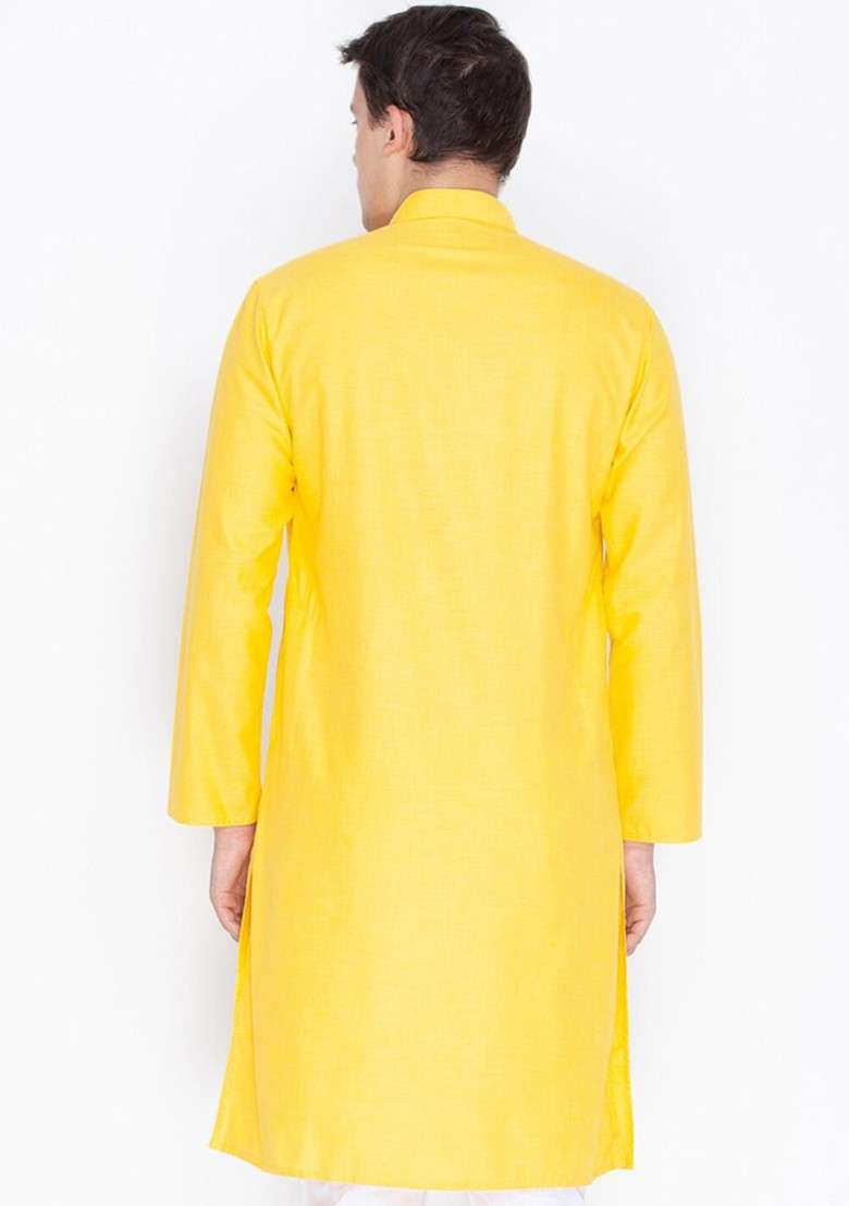 Yellow Solid Poly Blend Kurta For Men - Indya