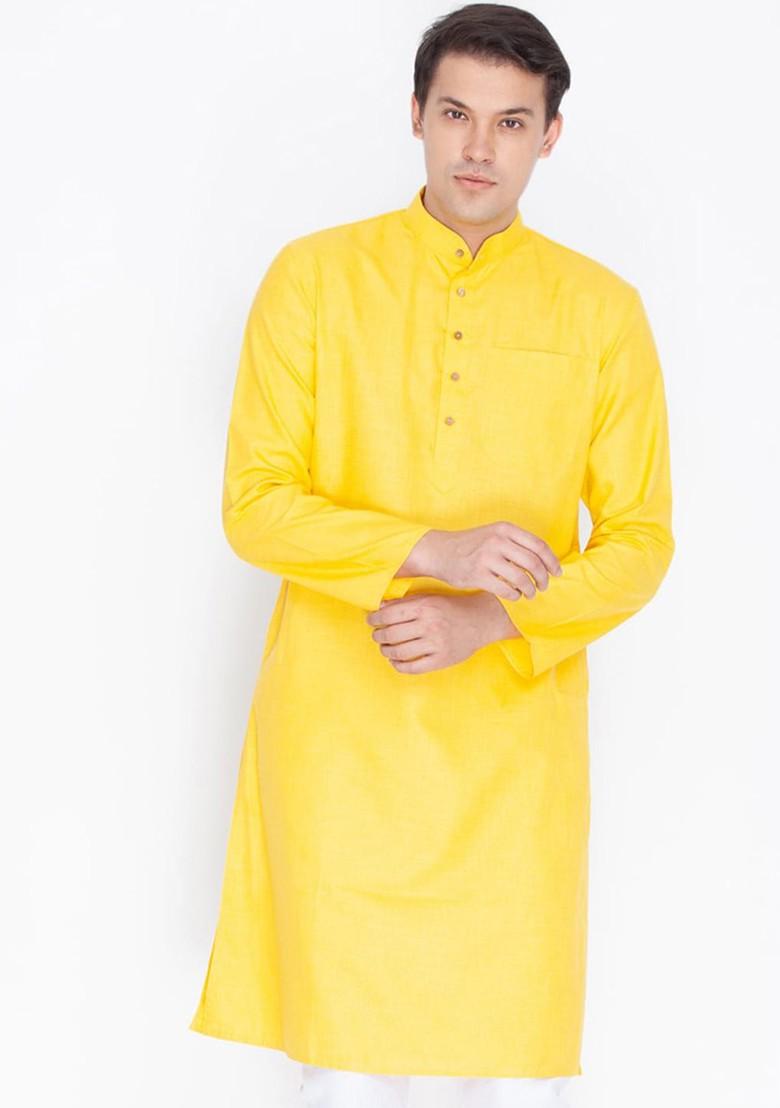 Yellow Solid Poly Blend Kurta For Men