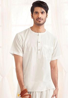 White Solid Cotton Kurta For Men