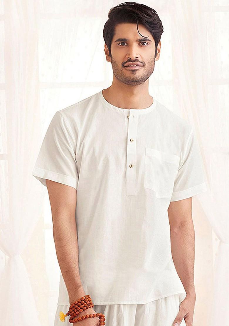 White Solid Cotton Kurta For Men