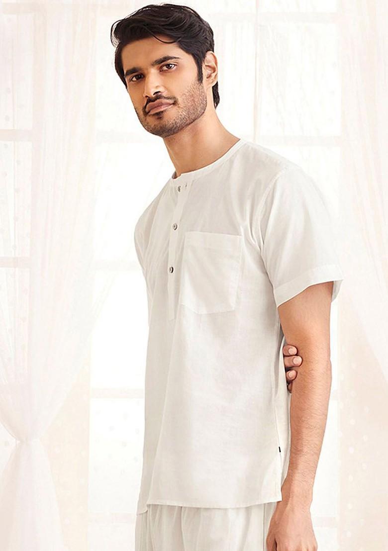 White Solid Cotton Kurta For Men