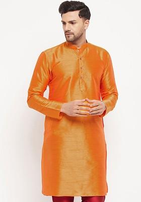Orange Solid Silk Kurta For Men
