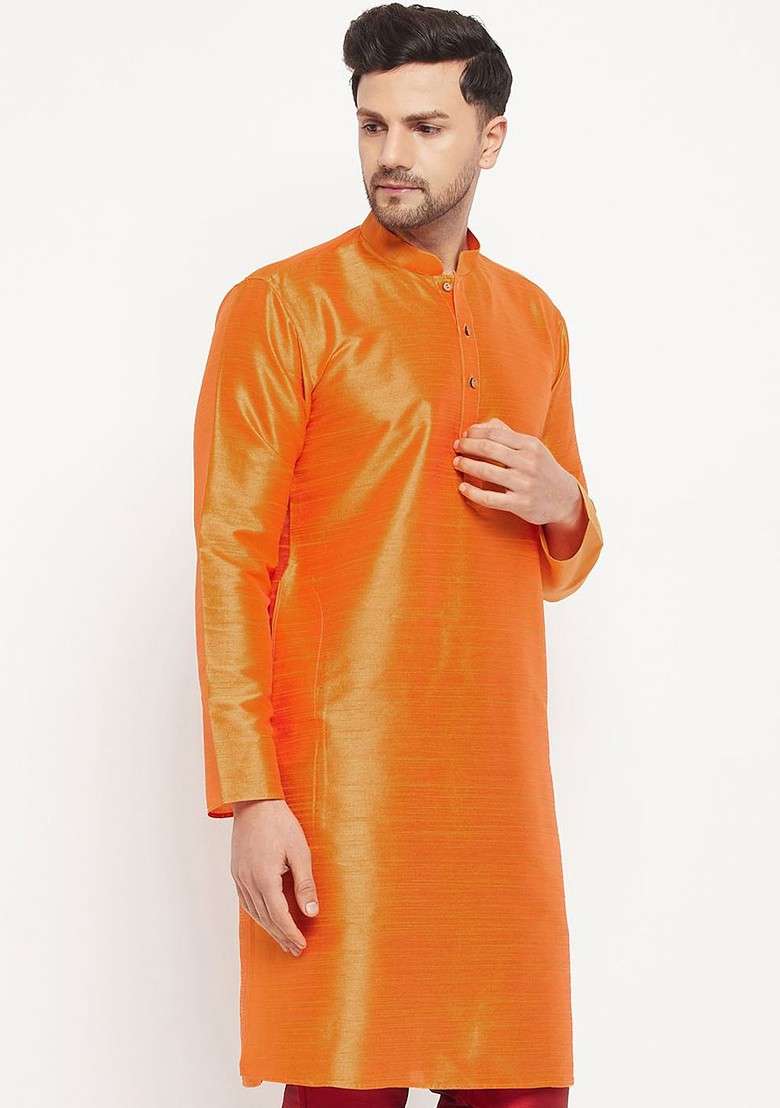 Orange Solid Silk Kurta For Men - Indya