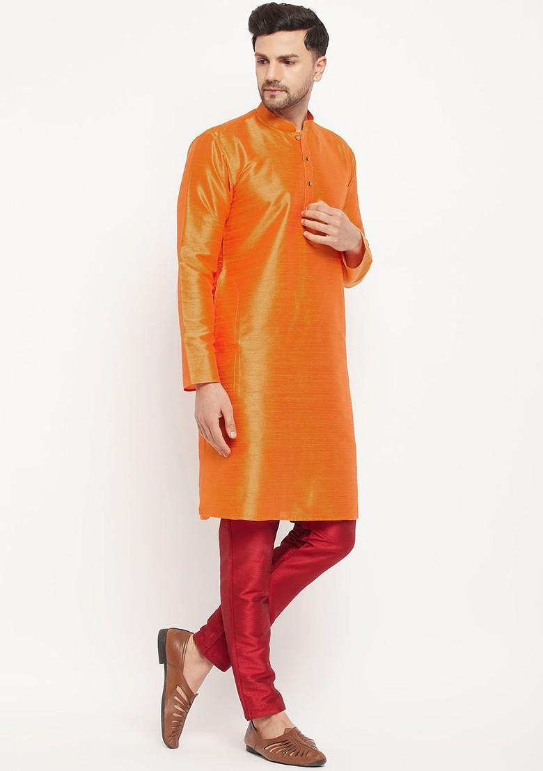 Orange Solid Silk Kurta For Men