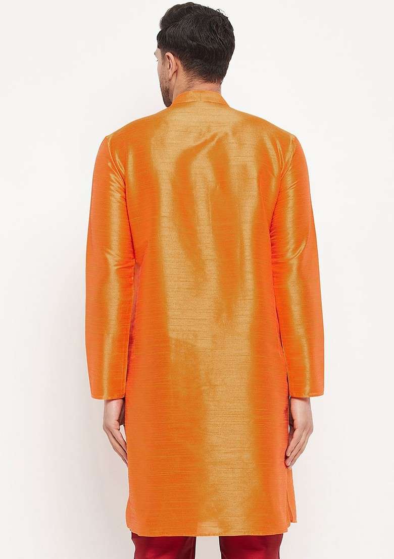 Orange Solid Silk Kurta For Men - Indya