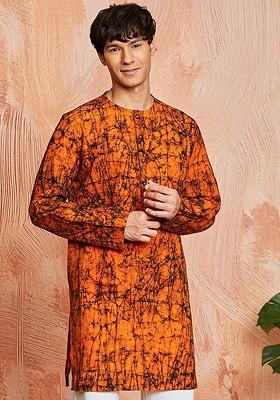 Orange Printed Poly Blend Kurta For Men