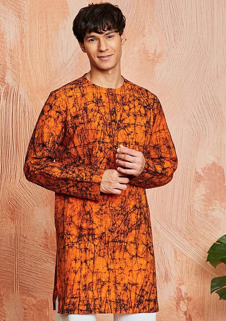 Orange Printed Poly Blend Kurta For Men