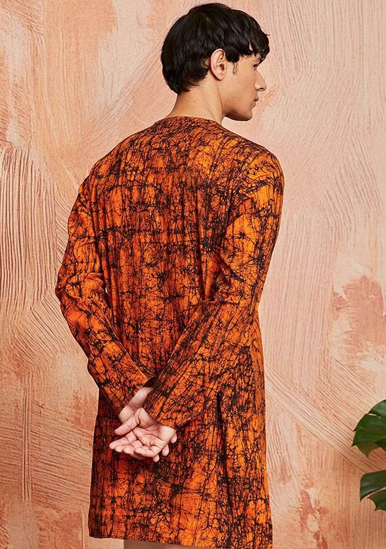 Orange Printed Poly Blend Kurta For Men - Indya