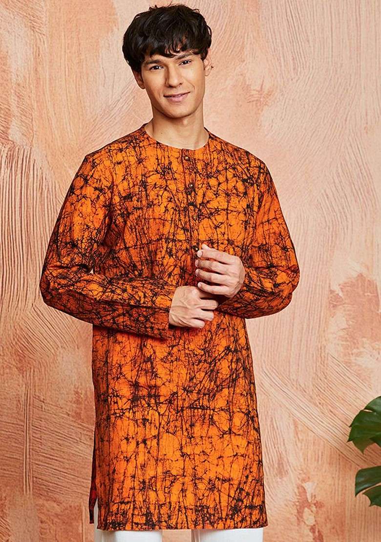 Orange Printed Poly Blend Kurta For Men - Indya