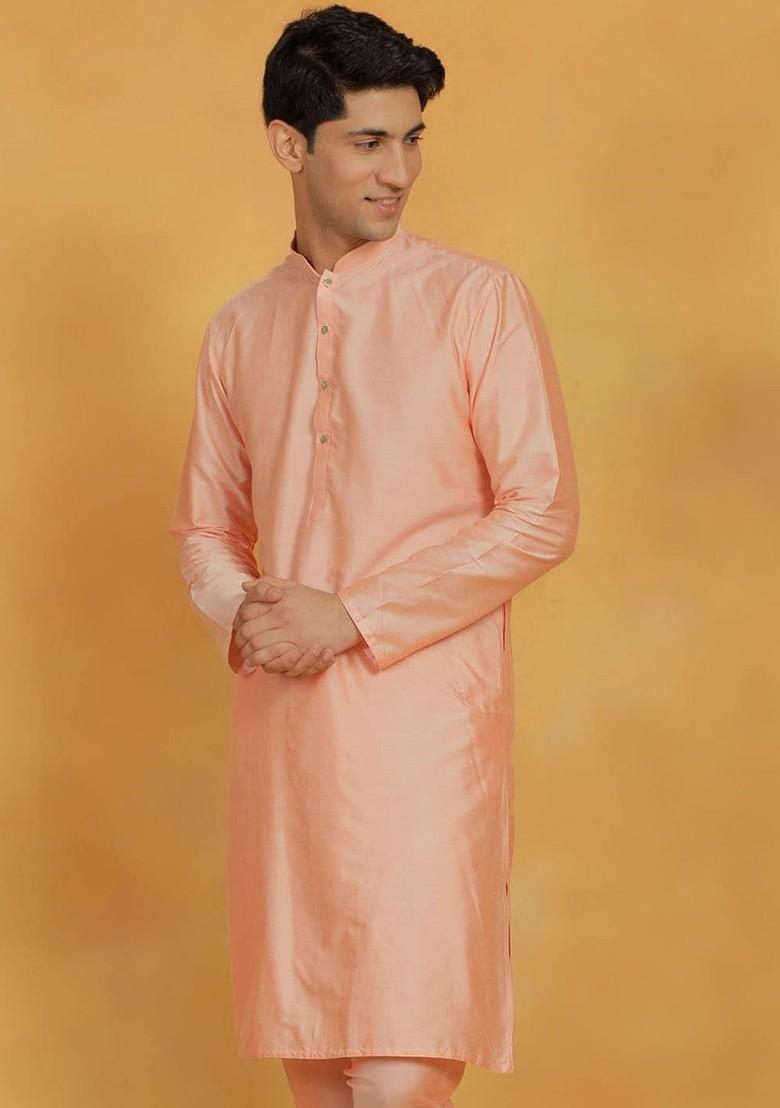 Peach Solid Poly Blend Kurta For Men