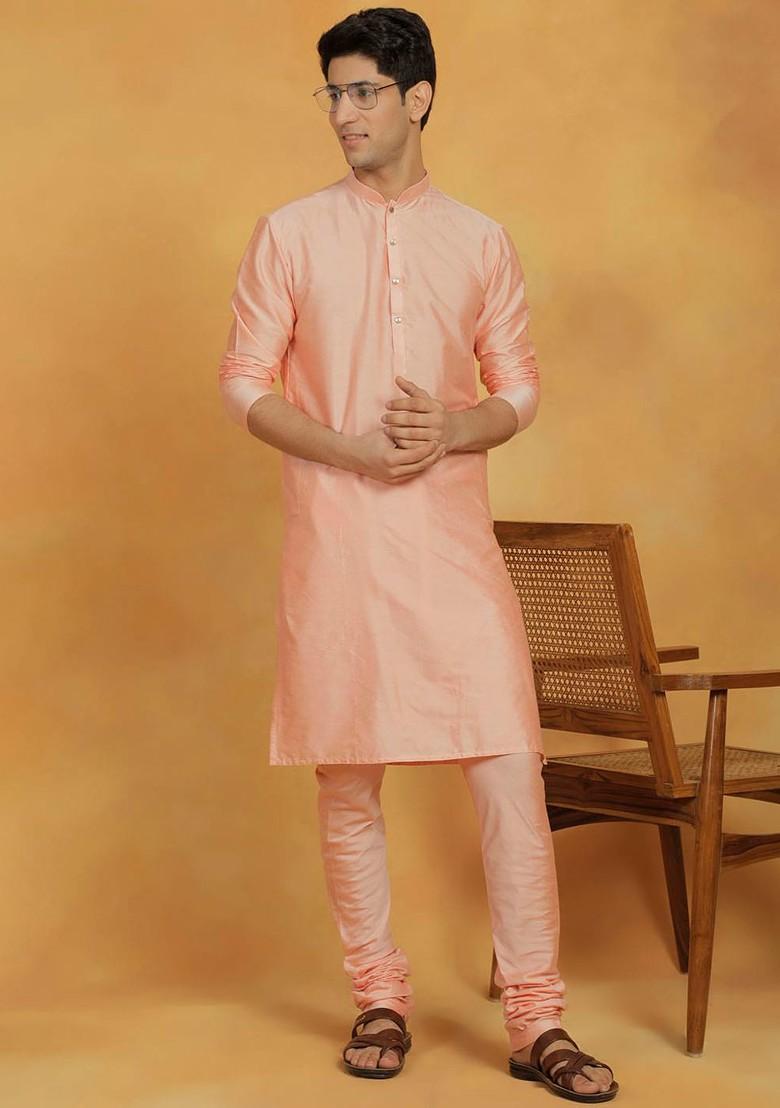 Peach Solid Poly Blend Kurta For Men