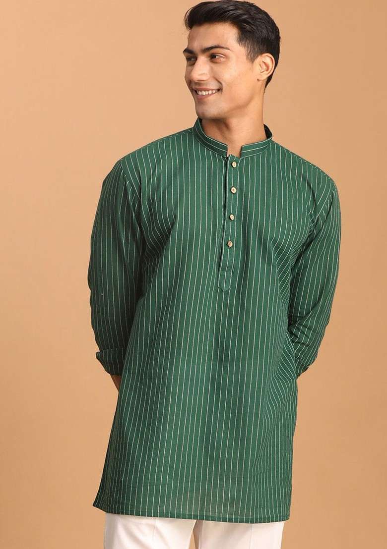 Green Striped Jacquard Kurta For Men - Indya