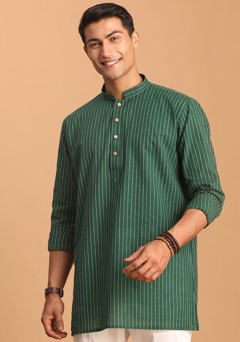 Green Striped Jacquard Kurta For Men