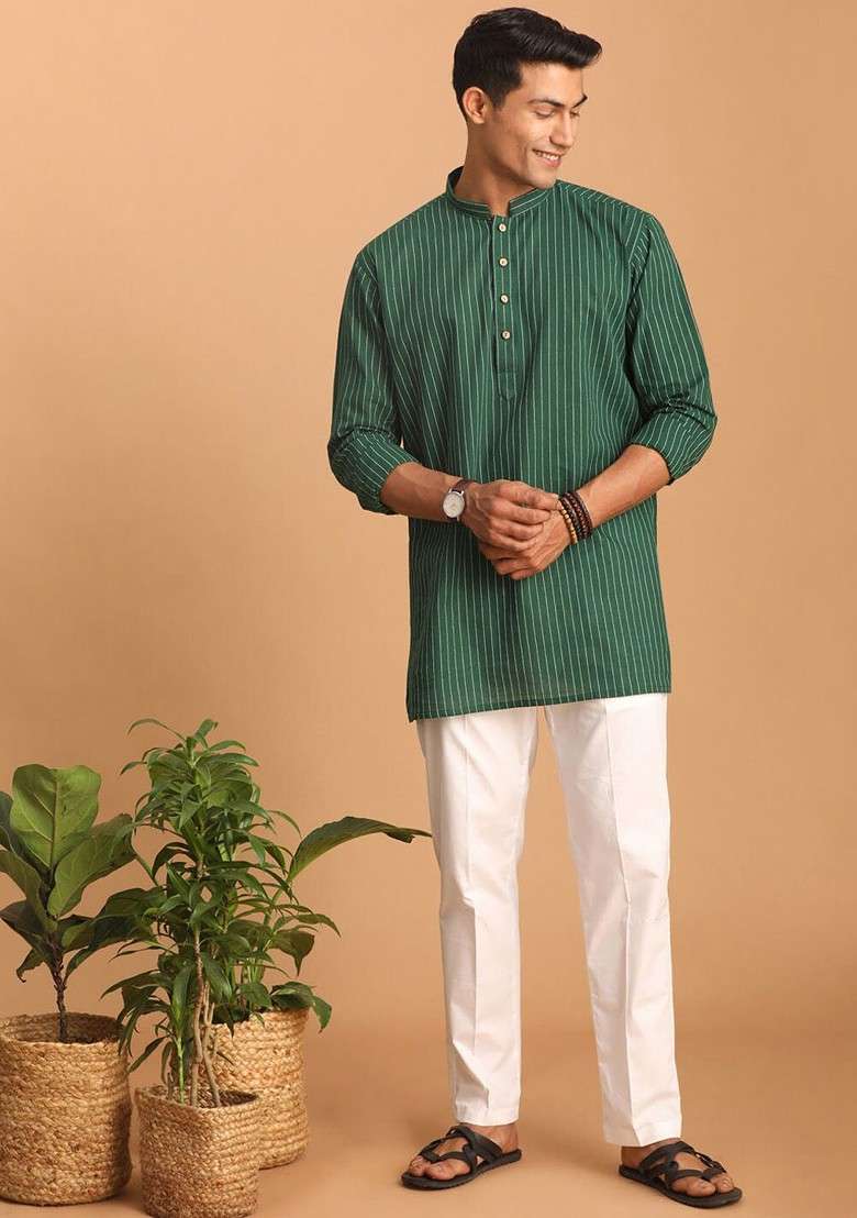 Green Striped Jacquard Kurta For Men - Indya