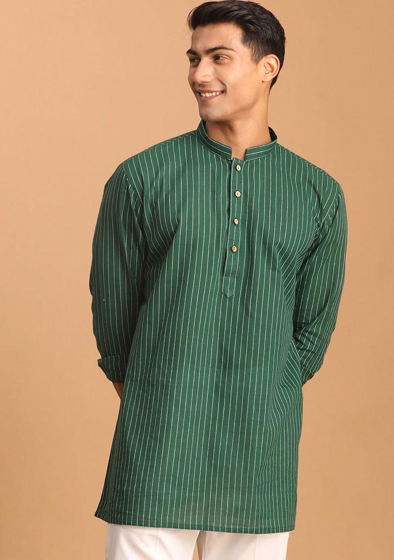 Green Striped Jacquard Kurta For Men