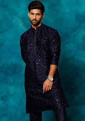 Navy Blue Floral Print Poly Blend Kurta For Men