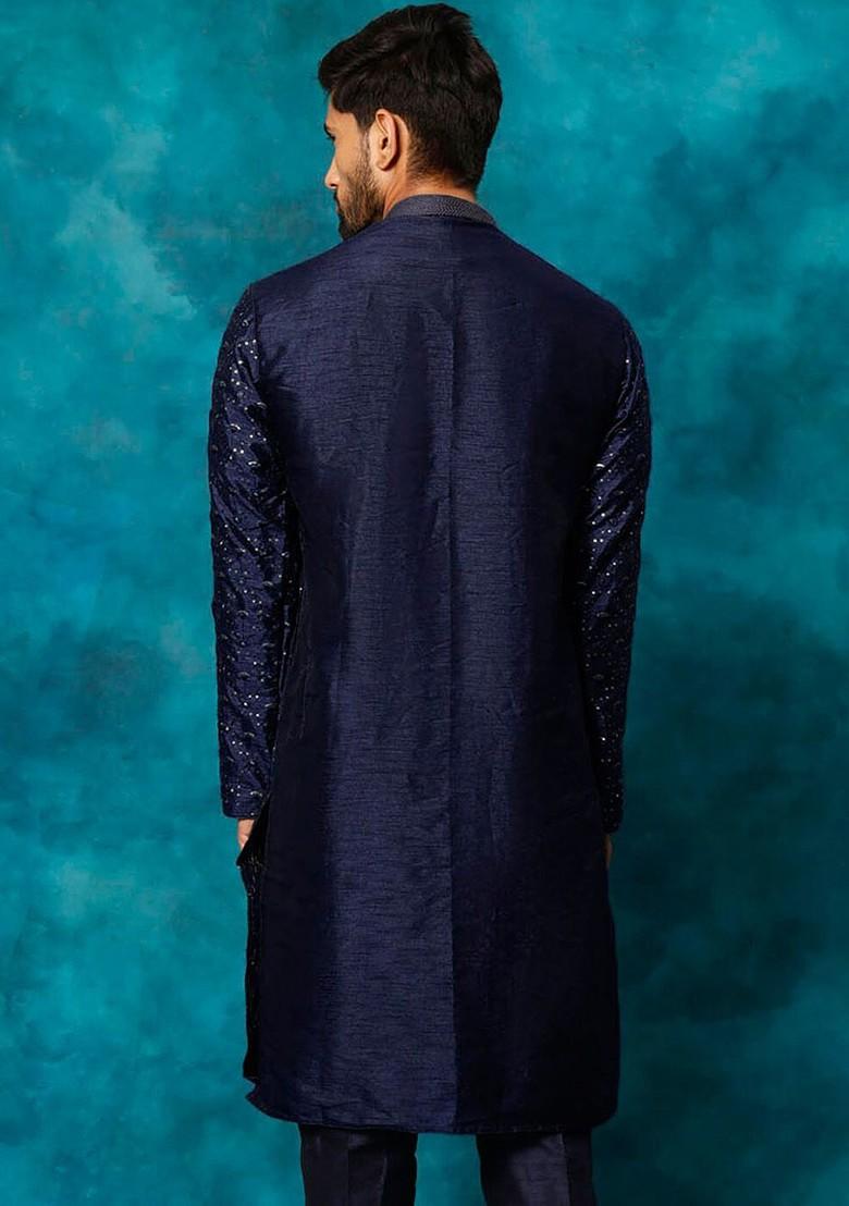 Navy Blue Floral Print Poly Blend Kurta For Men