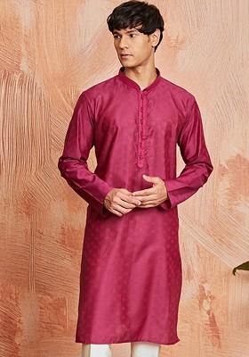 Fuchsia Pink Abstract Print Silk Kurta For Men