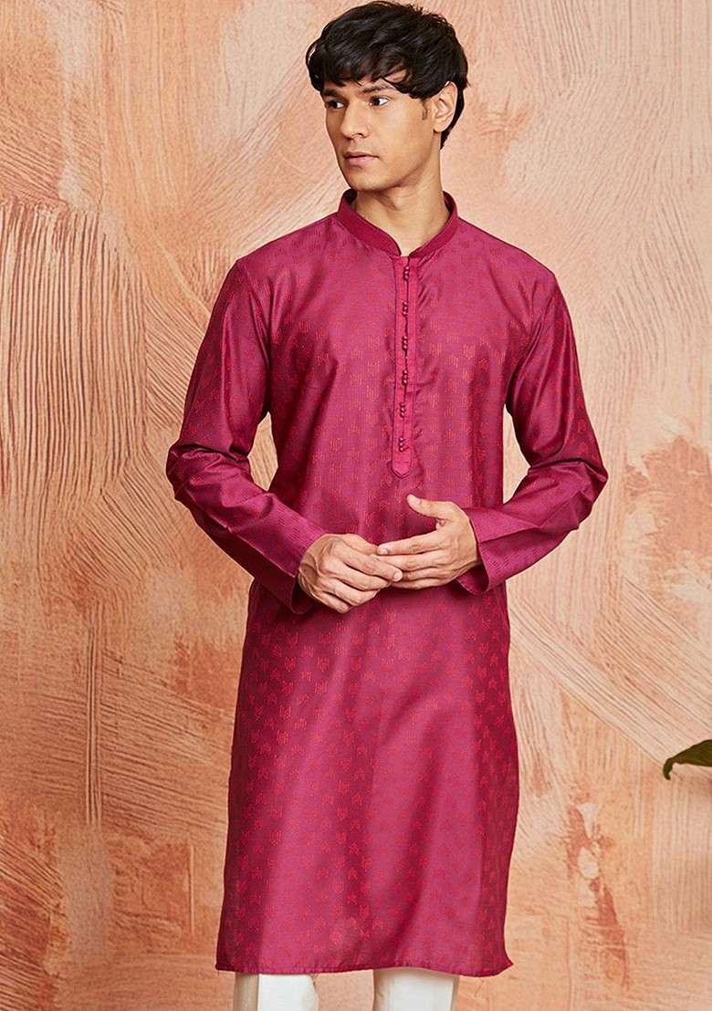 Fuchsia Pink Abstract Print Silk Blend Kurta For Men - Indya
