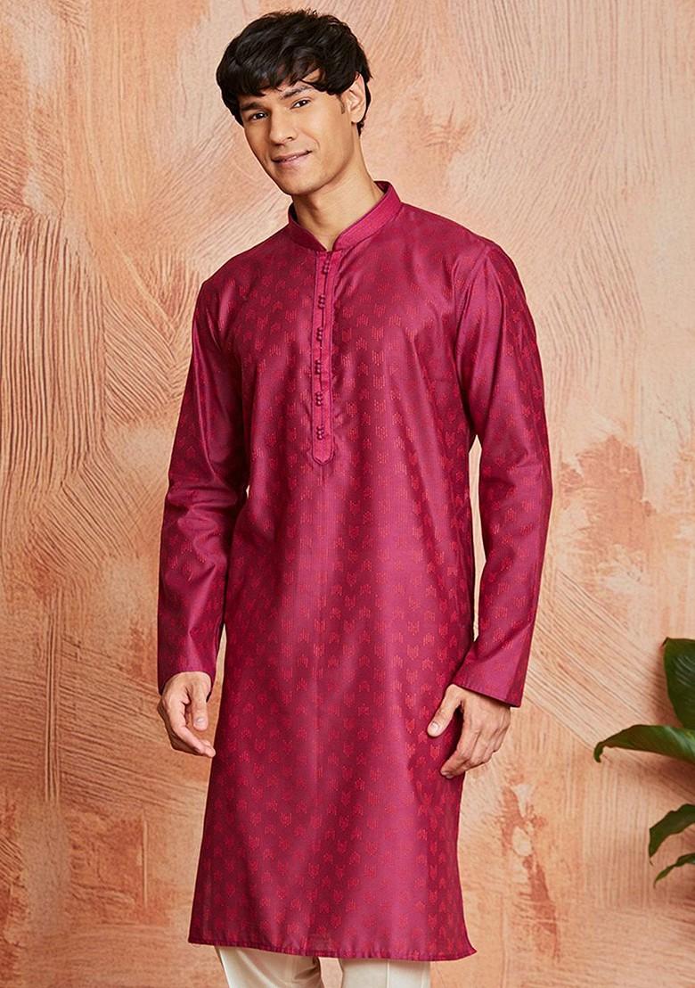 Fuchsia Pink Abstract Print Silk Kurta For Men