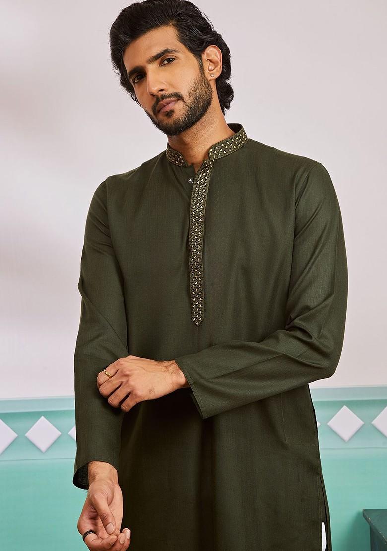 Olive Solid Cotton Kurta For Men