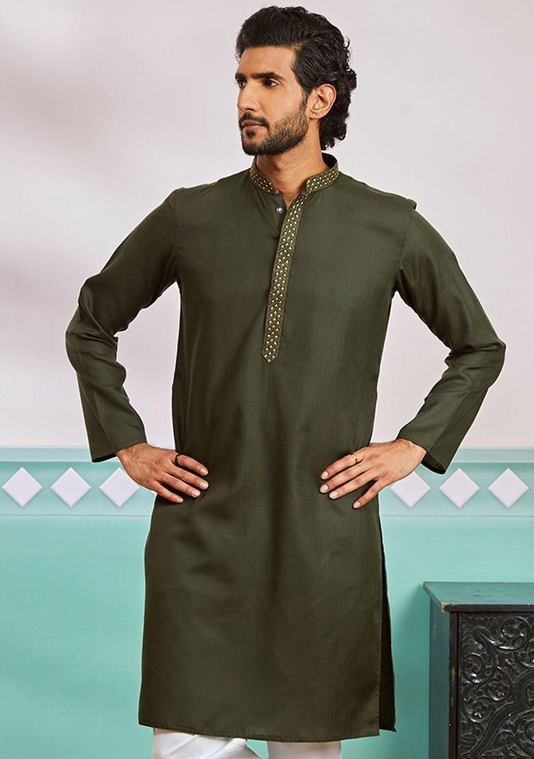 Olive Solid Cotton Kurta For Men