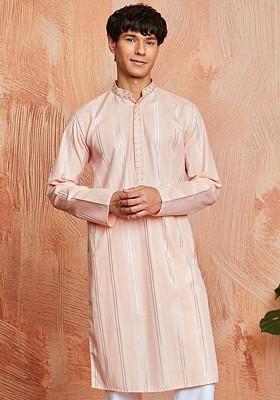 Peach Embroidered Jacquard Kurta For Men