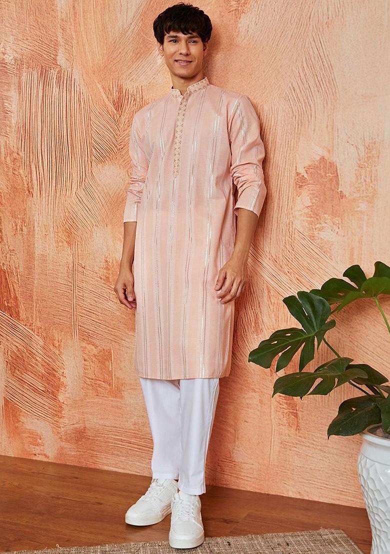 Peach Embroidered Jacquard Kurta For Men
