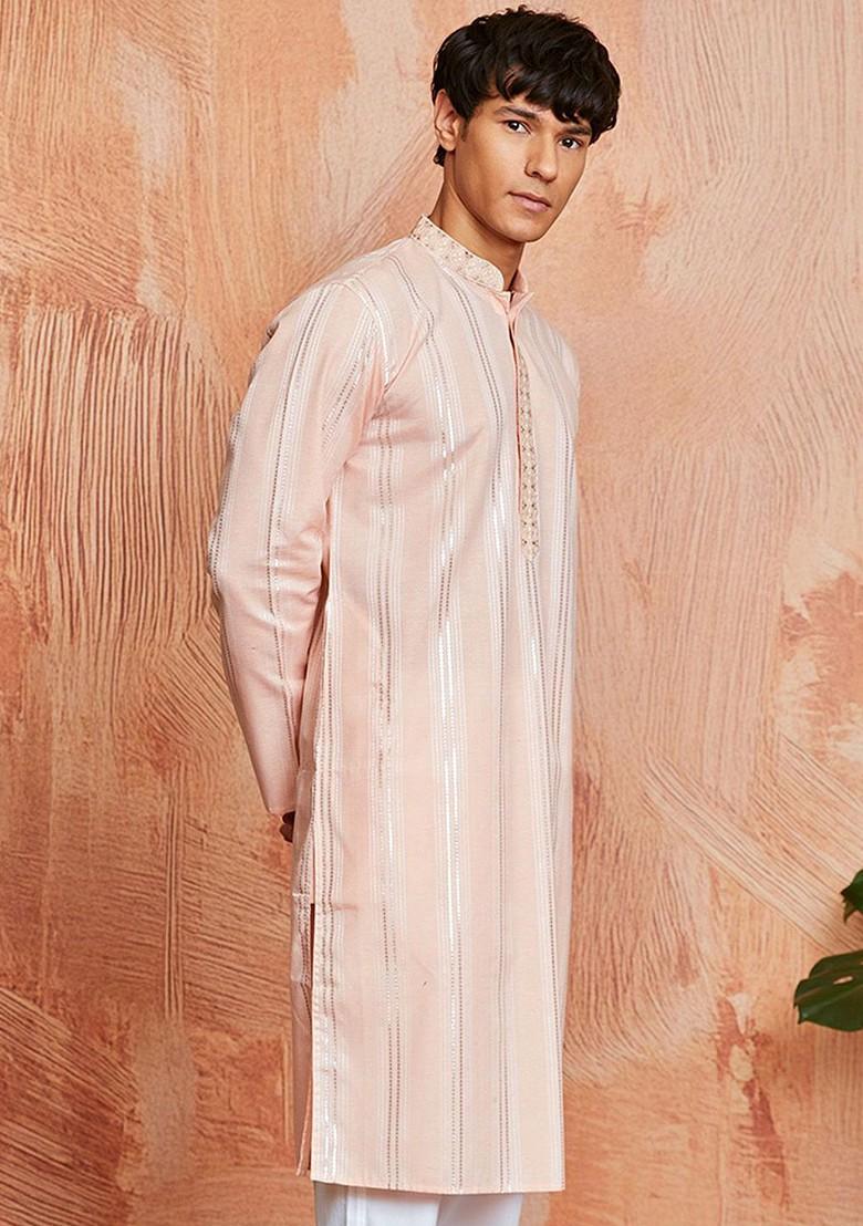 Peach Embroidered Jacquard Kurta For Men