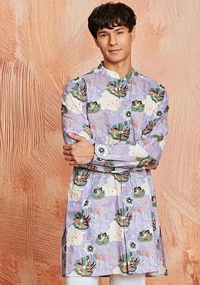 Lavender Floral Print Cotton Kurta For Men